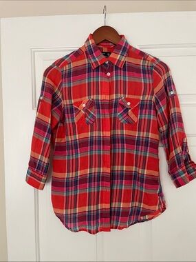 American Eagle Outfitters Red & Orange Plaid Button-Down Shirt with Pink Accents
